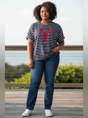 TRUE SELF Navy White Striped Embroidered Lobster  French Terry Top Plus Size 3X